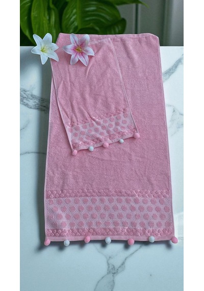Analı Kızlı Pomponlu 2 Li Havlu Set Pembe