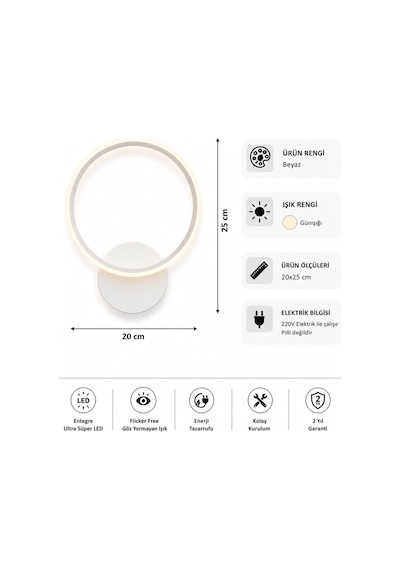 AvizeGO Tisa Modern Led Duvar Apliği Günışığı Beyaz