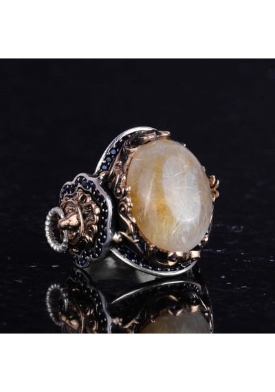 Gerçek Doğal Cabochon Altın Rutile Kuvars Taşı Yüzüğü, 925k Katı Gümüş Erkek Yüzüğü, Aslan Başı Yüzüğü Gümüş