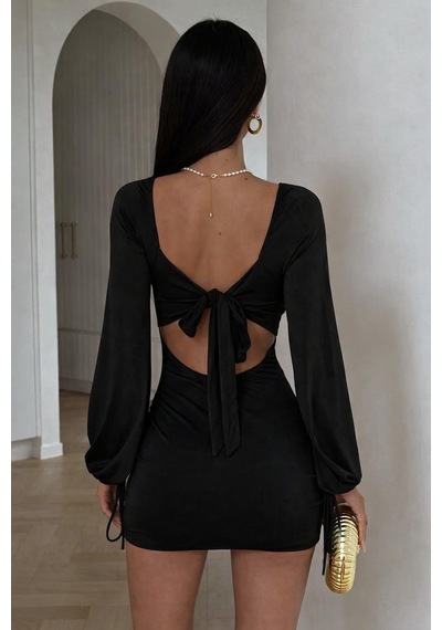 Pink Life Black Muse Bağlamalı Siyah Mini Elbise