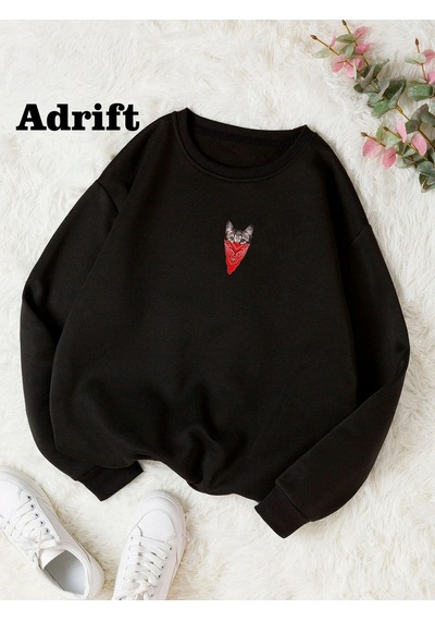 Startmore Adrif Maskeli Kedi Renkli Oversize Bisiklet Yaka Pamuklu Sweatshirt Beyaz Siyah