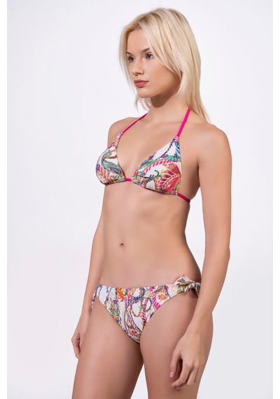 Endeep Kadın Desenli Özel Lurex Kumaşlı Bağlama Detaylı Üçgen Bikini Takımı Kırmızı