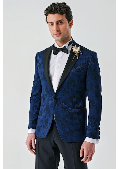 İmza Koyu Lacivert Çıkarılabilir Kırlangıç Yaka Likralı 6 Drop Slim Fit Smokin Damatlık 1001240204-Koyu Lacivert