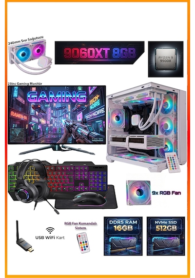 Comloji CMLJ33 R9-9900X 16 GB 512 GB SSD RX9060XT 23.8" Free Dos Masaüstü Oyuncu Bilgisayarı