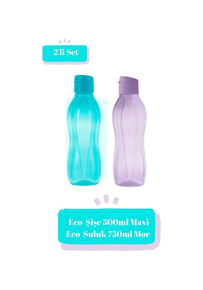 Eco Kolay Kapak Şişe 500 Ml Mavi Ve 750 Ml Mor Suluk Matara Çevre Dostu 2'li Set Siyah
