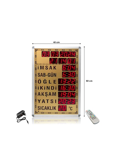 Dijital Cami Saati 40x60 Cm Tam Gold Kumandalı Gold