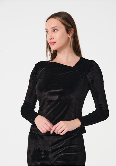 Mois Atelier Siyah Kadife Büzgülü Bluz Tasarım Büyük Beden Bayramlık