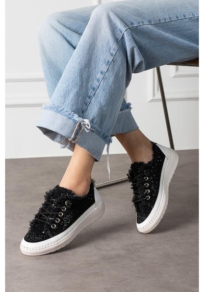 Aria 2410 Kadın Taşlı Kot Sneaker Ayakkabı Siyah Siyah