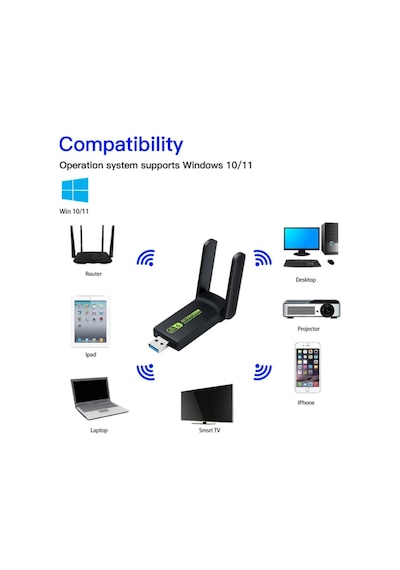 Lobo Sinyal Güçlendirici Kablosuz Usb Antenli Dongle 1300mbps Wifi Adaptörü Dual Band 2.4g/5ghz