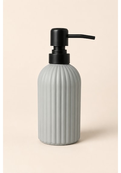 Vovy Çizgili Cam Sabunluk 500 Ml Siyah Pompalı Modern Sıvı Sabun Ve Deterjan Dispenseri - 18,5 Cm X 7 Cm Açık Gri