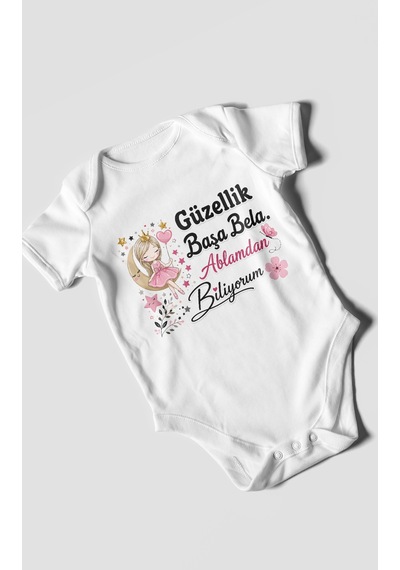 Morivokids Güzellik Başa Bela Ablamdan Biliyorum Kısa Kollu Bebek Body %100 Pamuk Beyaz