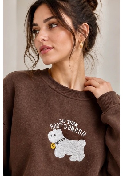 Bbbutikbasic Kadın Kuzu Nakışlı Bisiklet Yaka 3 İplik Sweatshirt My3535 Kahverengi