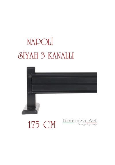 Napoli Ahşap Başlıklı 3 Kanallı Alüminyum Dekoratif Ray Korniş Modern Rustik Siyah 175 Cm Siyah