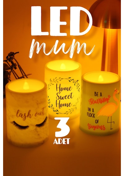 3lü Led Mum Kirpik Çelenk Flamingo Bardak Tipi Pilli Dumansız Alevli Dekoratif Yapay Mum Dekor Lamba