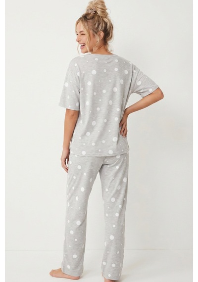 Siyah İnci Pamuklu Örme Pijama Takımı 8025 Gri Beyaz Puan