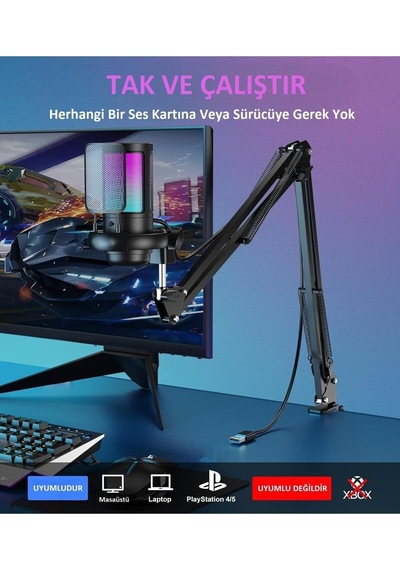 Tr Profesyonel Rgb Usb Mikrofon Seti Podcast Yayın Oyun Youtuber Stüdyo Ve İnfluencer Kayıt Mikrofonu