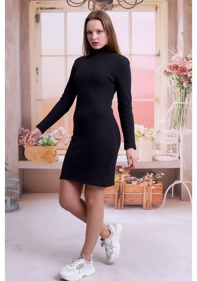 Self Clothing Kadın Siyah Balıkcı Yaka Petek Kumaş Elbise Slf1370 Siyah