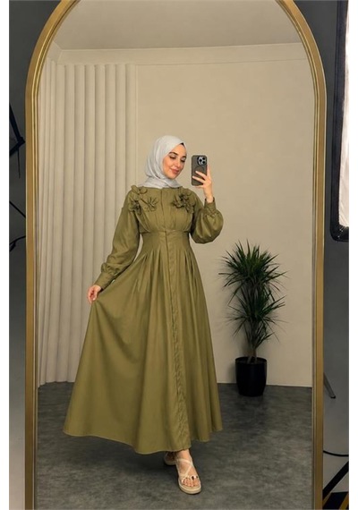 Neşeli Butik Kadın Yeşil Belden Oturtmalı Çiçek Detaylı Premium Tesettür Elbise Nbvq4933