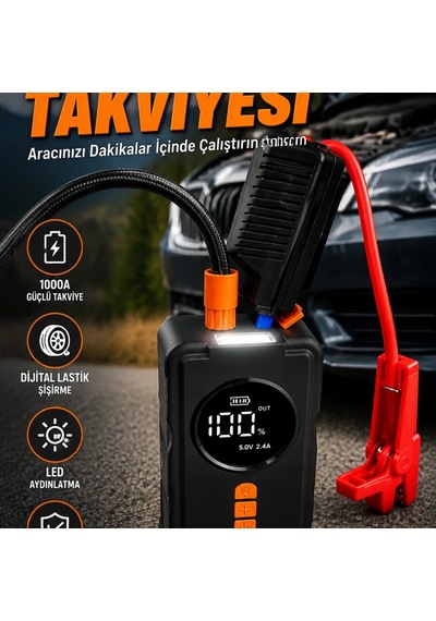 Dijital Ekranlı Araç Kompresörü 1000a Akü Takviye Cihazı Powerbank Ve Led Lambalı