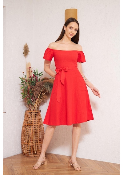 Darlin Moda Kırmızı Omzu Açık Elbise Dm1008 Kırmızı