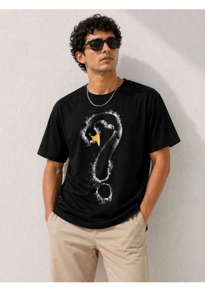 Freedom Storee Erkek Kuğu Figürlü Soru İşareti Baskılı Tişört Kısa Kol T-shirt - Siyah Çok Renkli