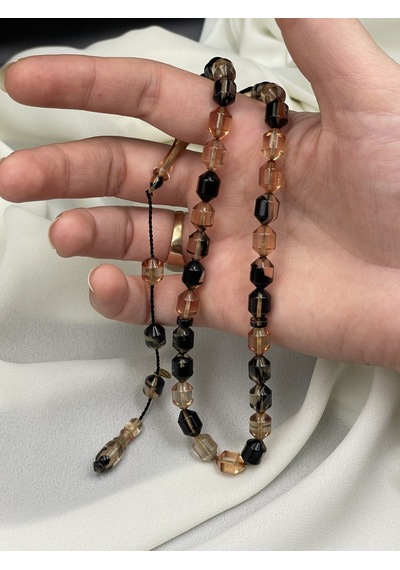 Ayhan Turan İmzalı El Boy Kapsül Siyah-şampanya Sıkma Kehribar Tesbih 7x10 Mm