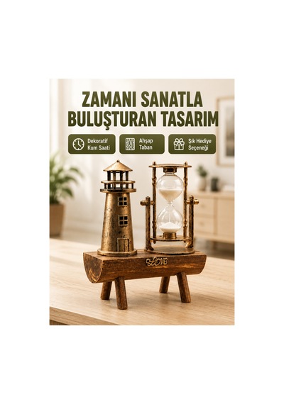 Vintage Kum Saati + Deniz Feneri Modeli Ahşap Gövdeli Masa Üstü Dekor Yeni Nesil Siyah