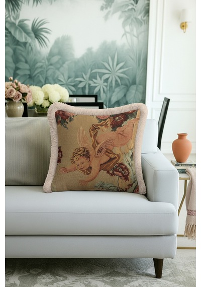 Barok Melek Motifli Saçaklı Yastık Kılıfı - Klasik Vintage Rustik Krem Püsküllü Kırlent Kılıfı Batımı Saks Mavisi Barok Melek Motifli Saçaklı Yastık Kılıfı - Klasik Vintage Rustik Krem Püsküllü Kırlent Kılıfı Batımı Saks Mavisi