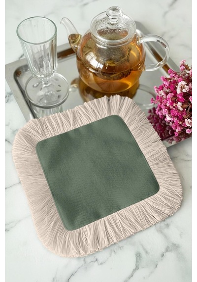 Elegant Doğal Saçaklı Dekoratif Kumaş Peçete - Yumuşak Yeşil Bohem Krem Bardak Altlığı Mendil Çok Renkli