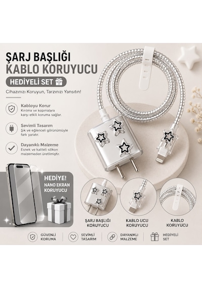 İphone 15 Plus Uyumlu Nano Ekran Koruyucu Hediyeli Şarj Başlığı & Kablo Koruyucu Koruma Seti Çok Renkli