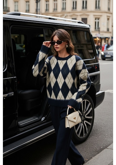 Lela Oversize Fit Bisiklet Yaka Baklava Desenli Yumuşak Dokulu Bayan Kazak 4616223 Lacivert