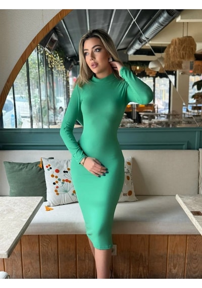 Modayakamoz Tiana Kadın Yarım Balıkçı Yaka Süet Kumaş Midi Boy Elbise Çok Renkli