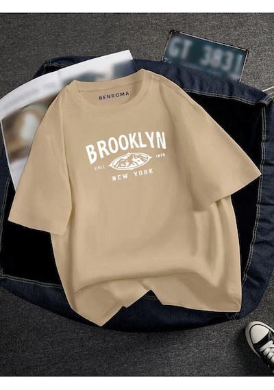 Oversıze Brooklyn Baskılı Unısex Tisort Baskılı Bej