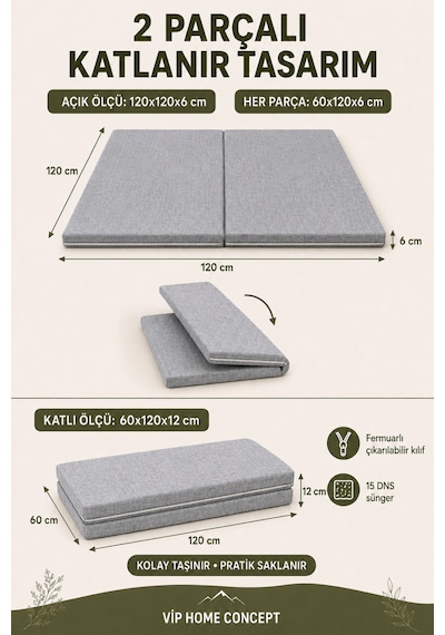 Oyun Alanına Uygun Katlanabilir Sünger Oyun Parkı Minderi Bebek Yatağı - Gri 120x120x6 CM