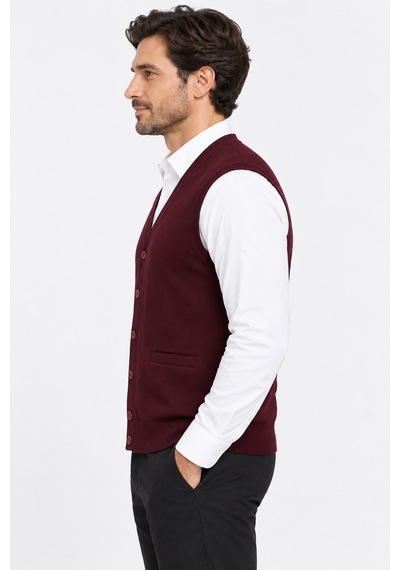 Bihan Store Erkek Düğmeli Triko Çelik Örgü V Yaka Yelek 6955-bordo