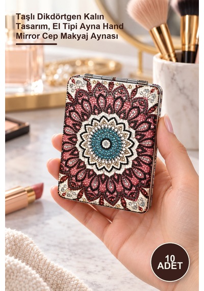 10 Adet El Aynası Taşlı Dikdörtgen Kalın Tasarım, El Tipi Ayna Hand Mirror Cep Makyaj Aynası Sarı