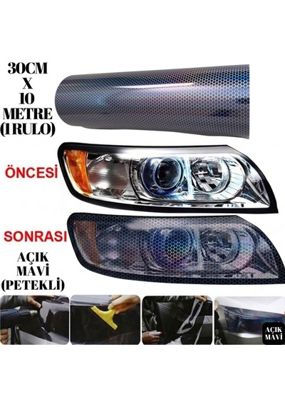 Petekli Açık Mavi Far Stop Filmi Folyosu Çizik Engelleyici Folyo 3d Petek Desenli Hologramlı 30 Cm X 10 Metre