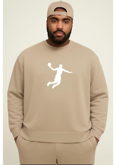 Benroma 3 İplik Penye Basketbolcu Baskılı Büyük Beden Unisex Sweatshırt Bej