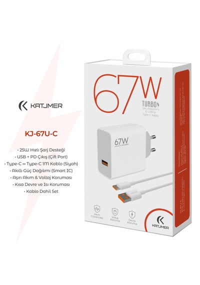 Katjmer Kj-67u-c Usb'li 67w+6a Type-c Kablolu Turbo Ev Tipi Şarj Aleti Salise Gösterir Beyaz