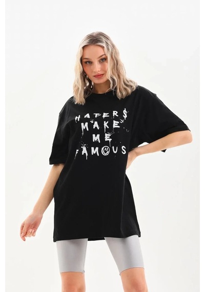 Erkek Baskılı Oversize Kısa Kol T-shirt - Siyah Siyah