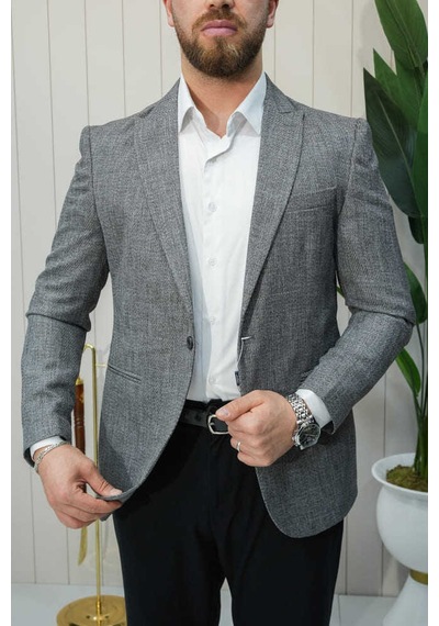 Bys Beystil Sivri Yaka Hasır Gri Ceket - Slim Fit