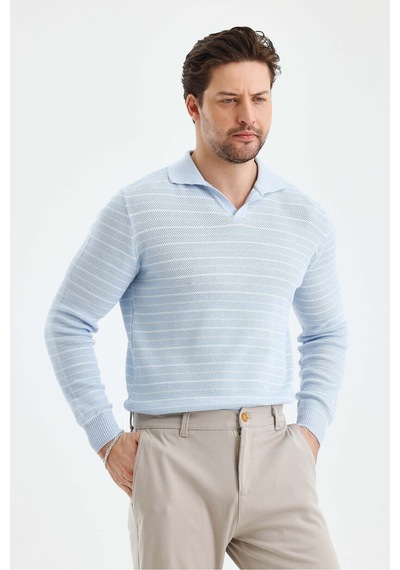 Cool Tarz Erkek Patlı Slim Fit Çizgi Detaylı Uzun Kollu Polo Yaka Triko Kazak Mavi Mavi