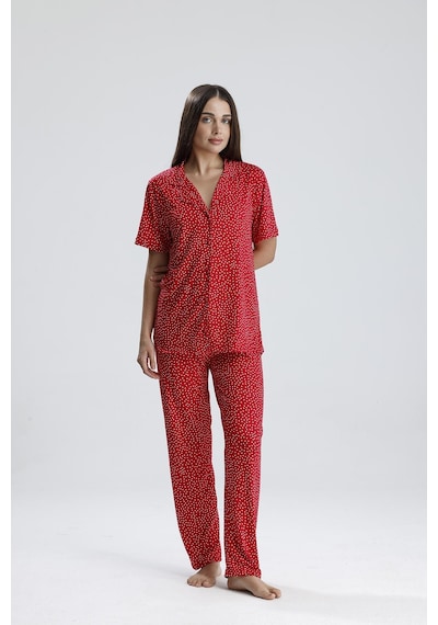 Kompedan Kadın Puantiye Desen Önden Düğmeli Pijama Takım Kırmızı P. Kırmızı