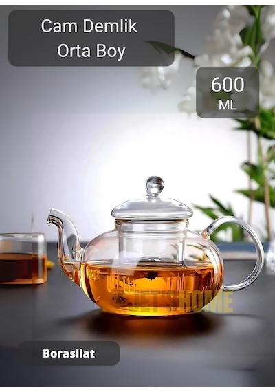 Cam Demlik Şeffaf Süzgeçli Demlik Isıya Dayanıklı Bitki Çayı Demliği Borosilat 600 Ml Gri