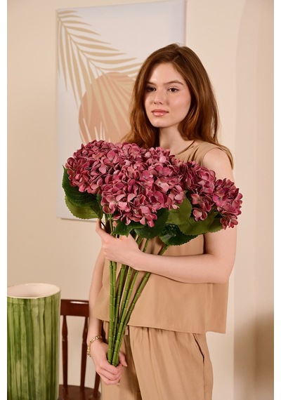 Bordo Yapay Ortanca Çiçeği Tek Dal Premium Canlı Islak Dokulu 68 Cm
