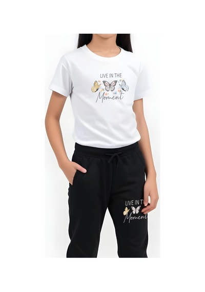 Fyk Kids Kız Çocuk Baskılı Live Kelebek Bel Detayı Lastikli Alt-üst Pijama Takımı Beyaz