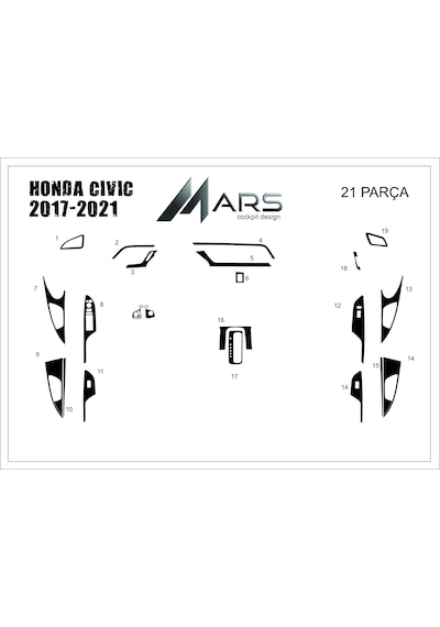 Honda Civic Torpido Kaplama 2017-2021 21 Parça Piano Black