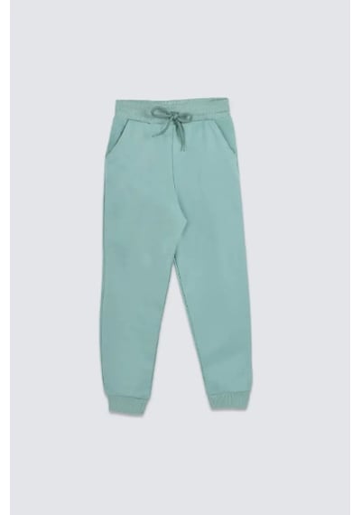 Bunny Hopp 2 Iplik Şardonlu Düz Renk Beli Bağcıklı Cepli Unisex Çocuk Eşofman Altı Yeşil