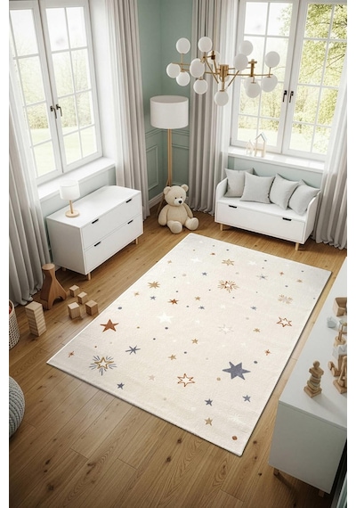Cotto Kids Ck001r Krem Halı Renkli Yıldız Desen Kaymaz Taban Yumuşak Yıkanabilir Çocuk Odası Halısı
