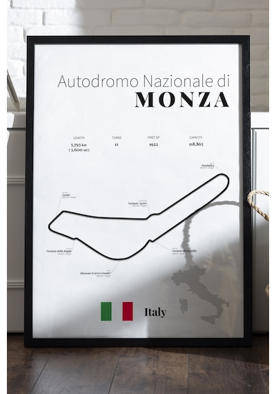 Monza Formula 1 Siyah Ahşap Çerçeveli Poster, Dekoratif Harita Duvar Tablosu